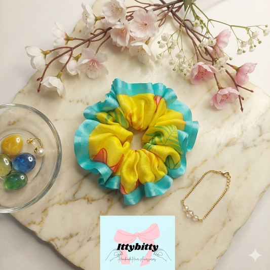Sunshine Bloom Scrunchie – Medium sized Handmade Satin Ribbon Scrunchie ✨