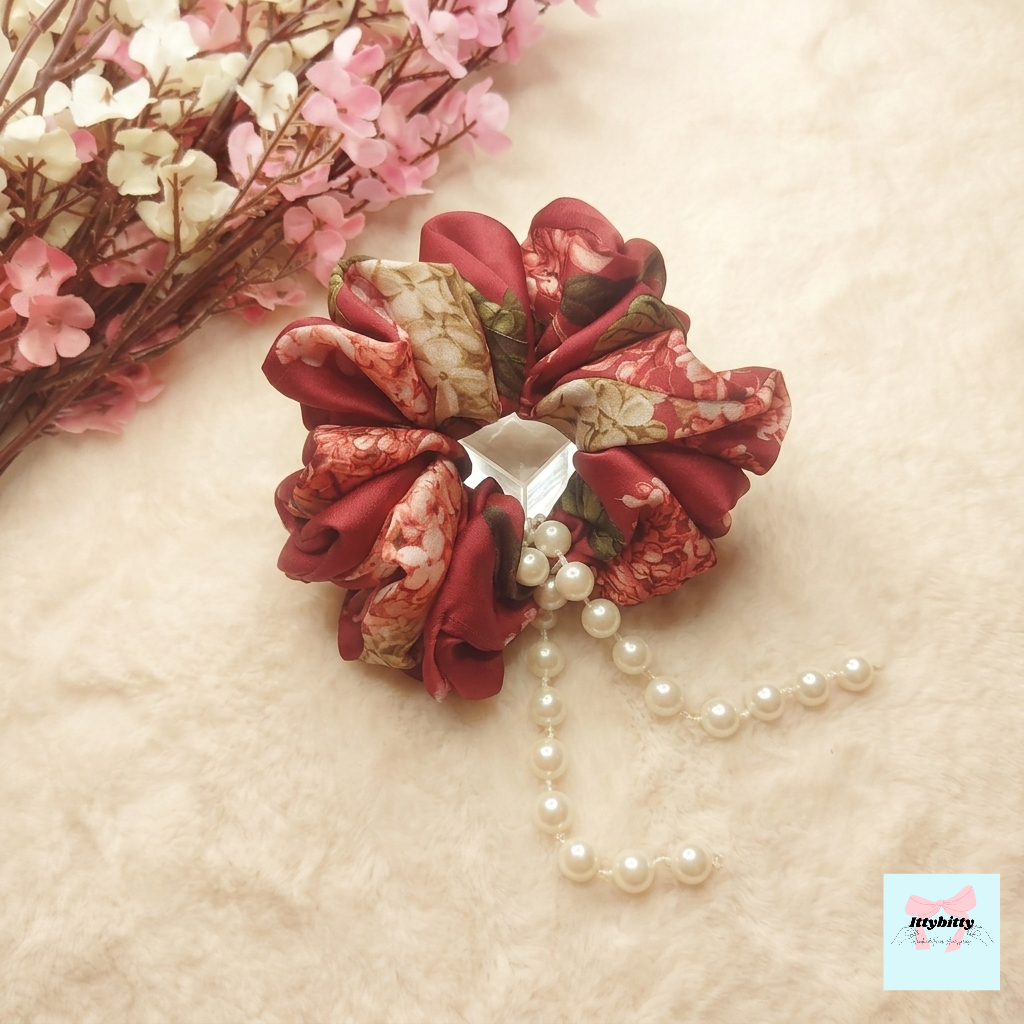 Rosé Pearl Bloom Scrunchie – Medium Fluff Handmade Floral Satin Scrunchie with Pearl Detailing ✨