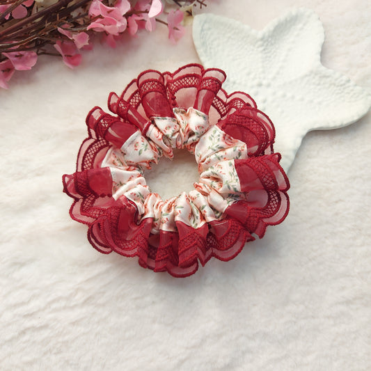 Scarlet Blossom Scrunchie – Satin Scrunchie with Lace Detailing (Medium Size)