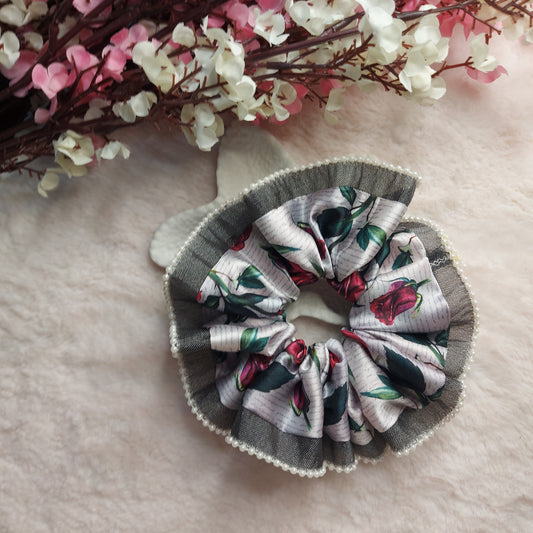 Rose Affair Scrunchie – Satin Floral Scrunchie with Pearl Lace Detailing (Medium Size)