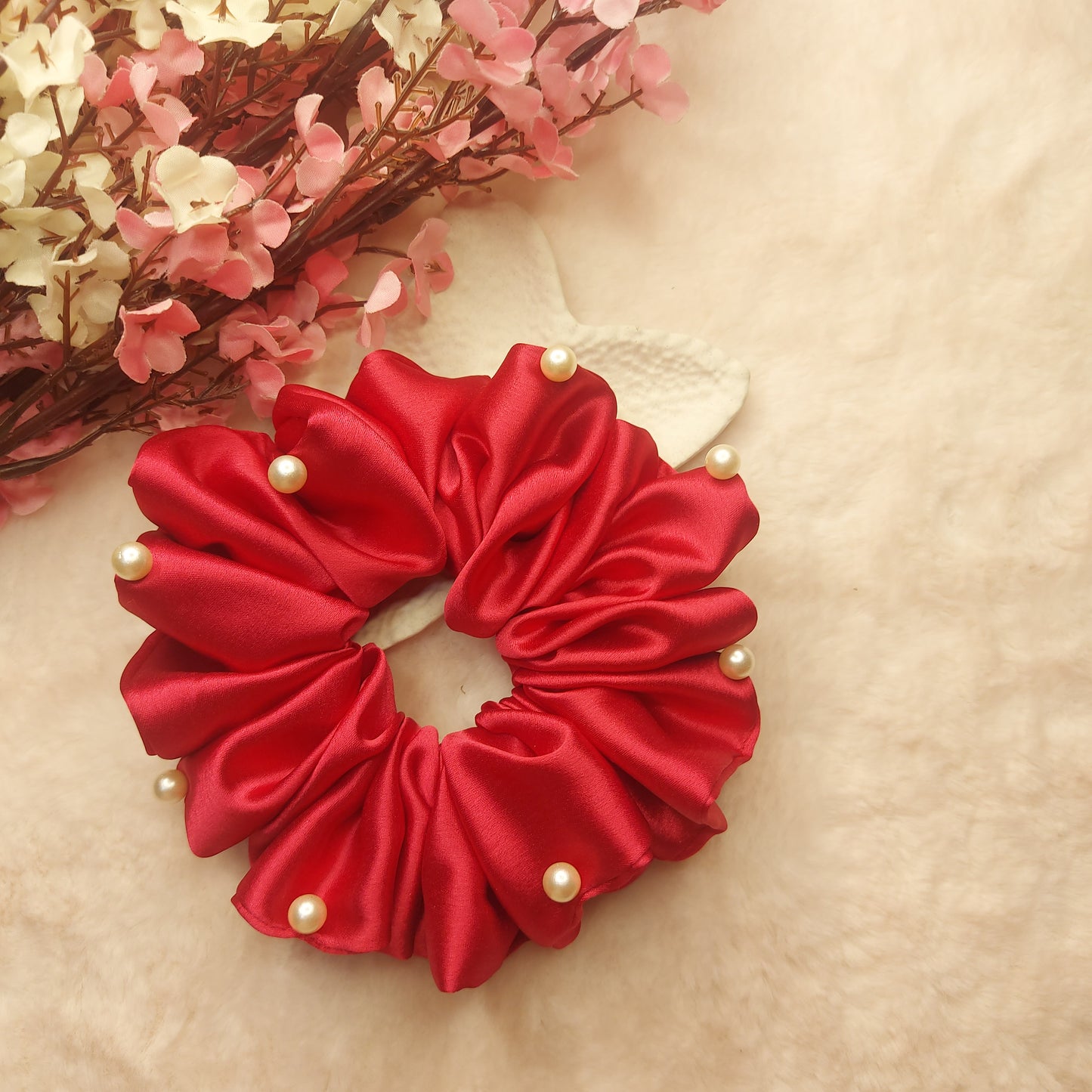 Crimson Luxe Scrunchie – XL sized Handmade Satin Scrunchie with Pearl Detailing