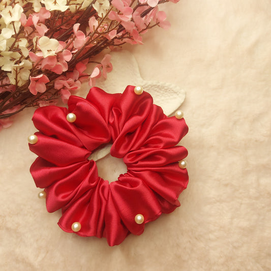 Crimson Luxe Scrunchie – XL sized Handmade Satin Scrunchie with Pearl Detailing