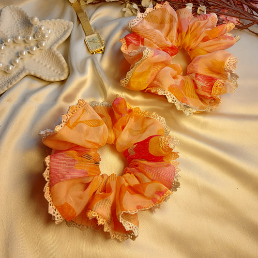 Blush Peach Organza Lace Scrunchie | Handmade Soft Lace Hair Scrunchie