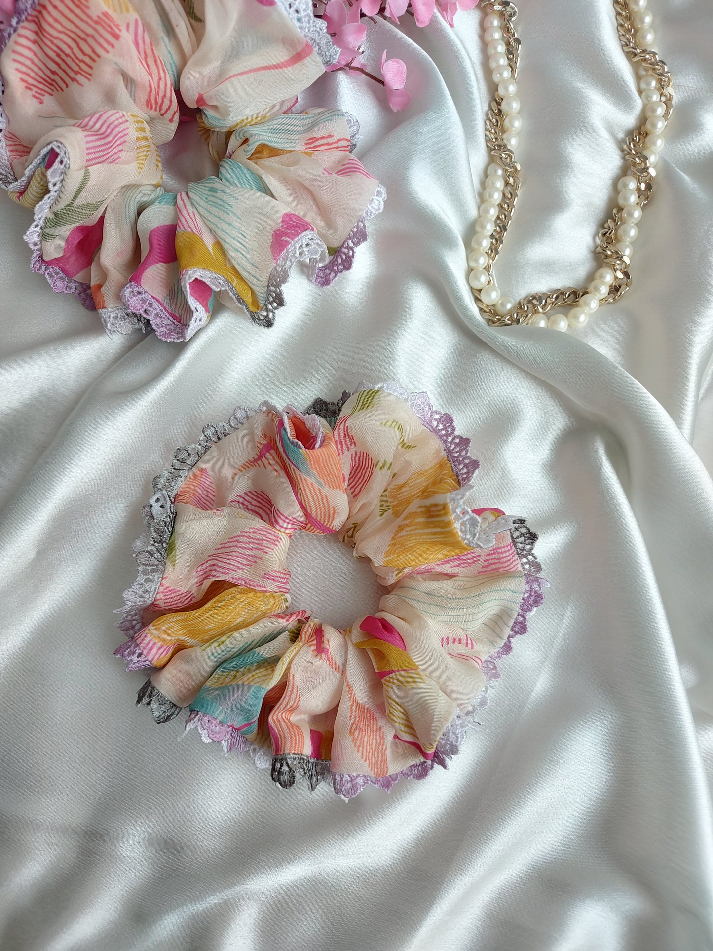 Marshmallow Milk Organza Lace Scrunchie | Handmade Elegant Hair Accessory