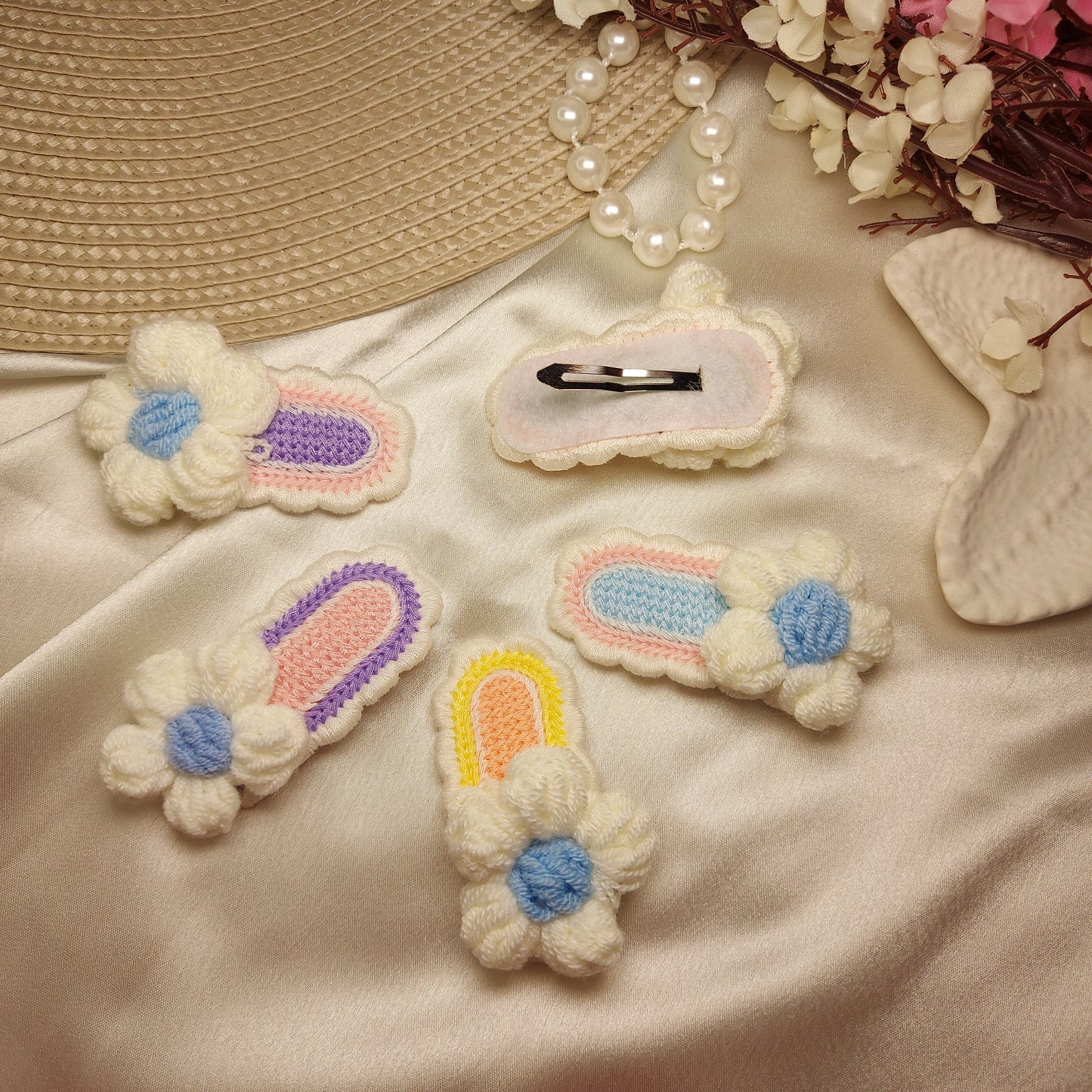 Handmade Crochet Daisy Tic Tac Hair Clips for Kids | Soft Floral Hair Pins (Set of 5)