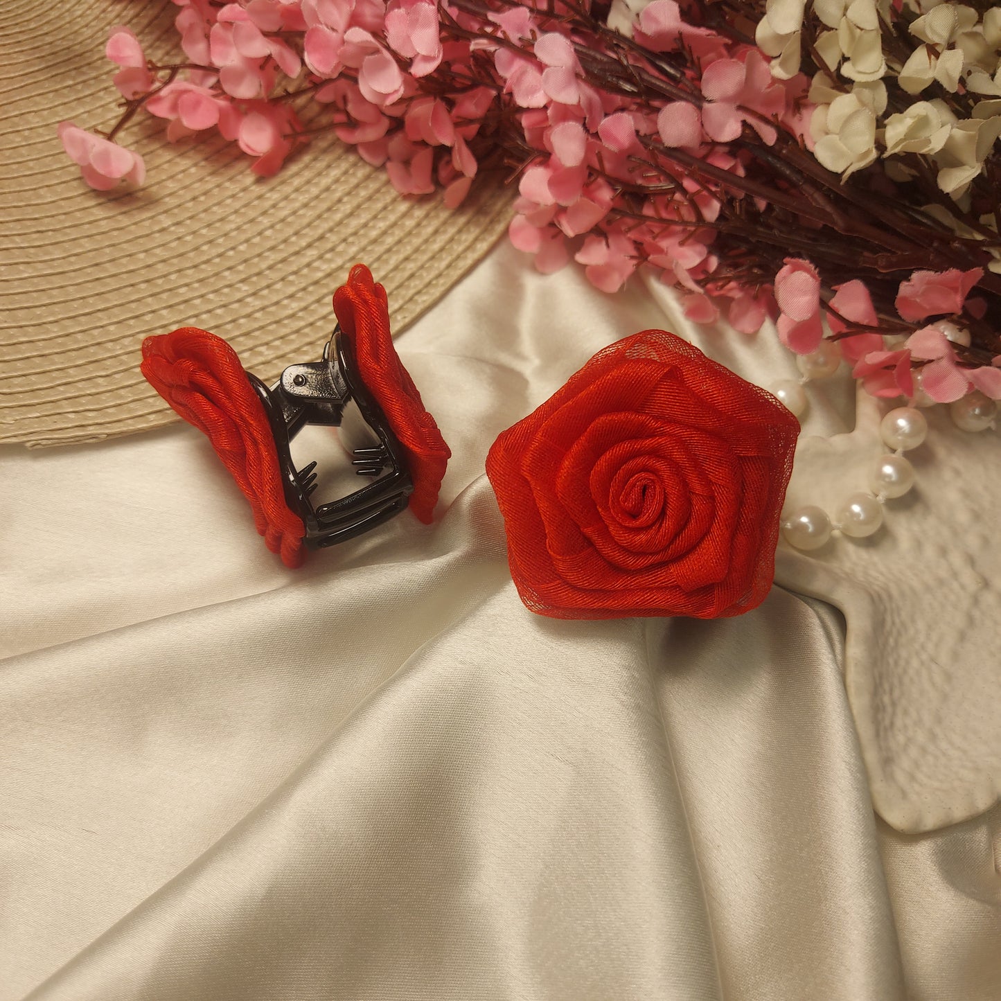 Handmade organza Rose Hair Claw – Handmade Fabric Flower Clip– 4 CM