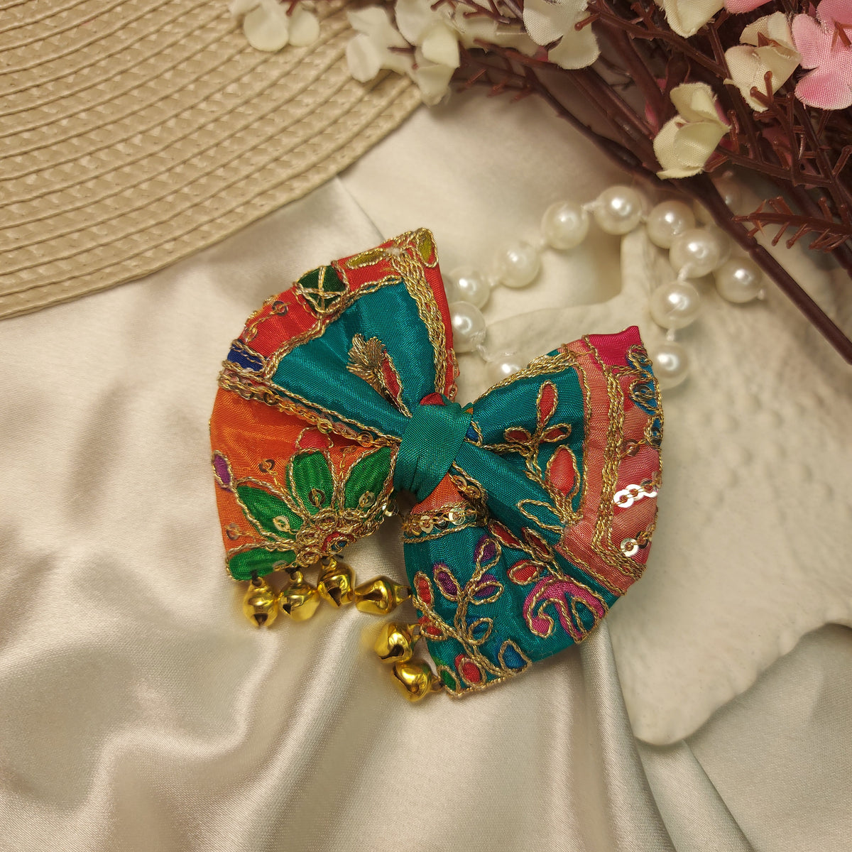 Navratri Embroidered Festive Hair Bow with Ghungroo | Traditional Hair Accessory 10CM