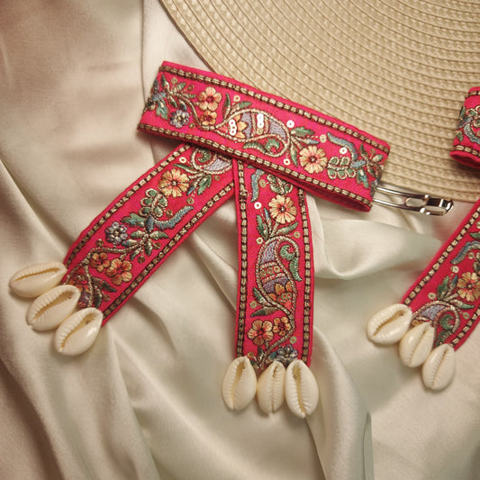 Navratri Embroidered Hair Bow with Shells | 7.5CM Barrette Clip