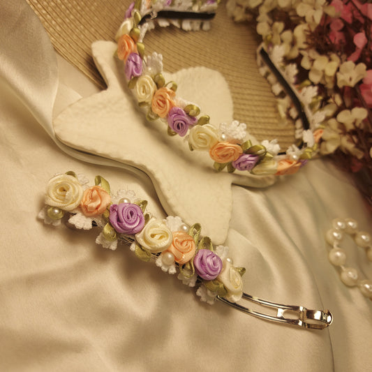 Handmade Mother Daughter Floral Hair Accessories Set | Flower Headband & Barrette Clip
