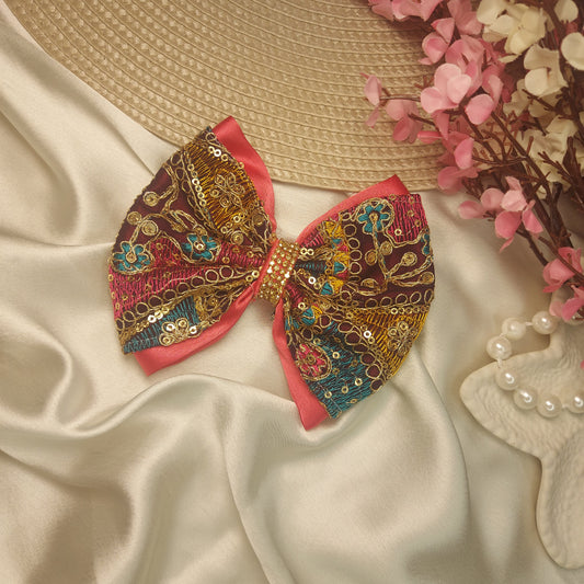 Embroidered Jewel Festive Statement Hair Bow β 12 CM | Handmade Barrette Hair Clip