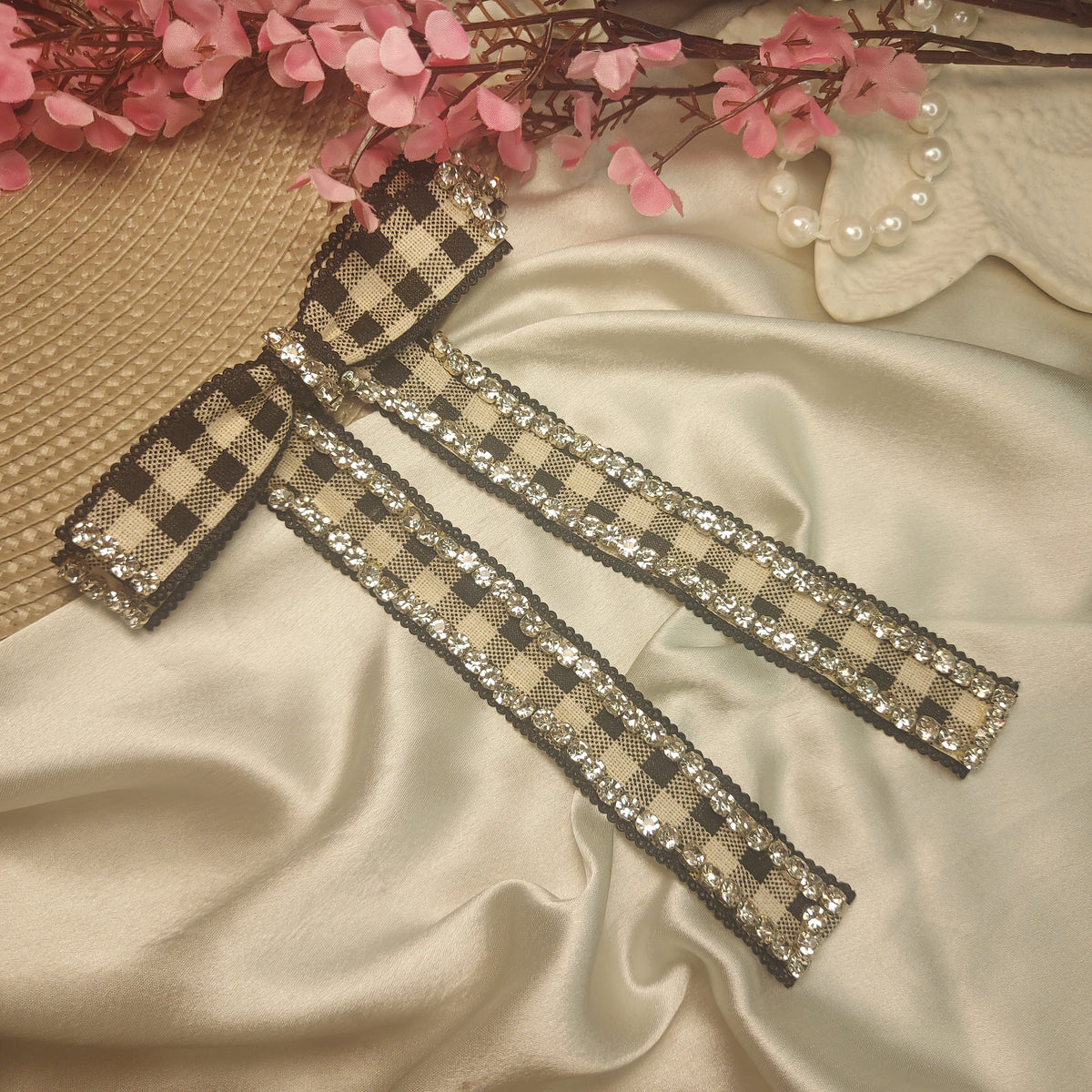 Glam Check Studded Hair Bow – Handmade Party Wear Barrette Clip