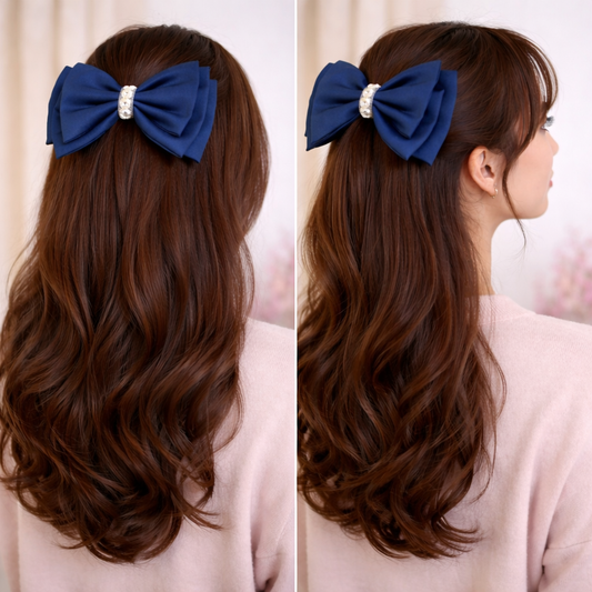 Ophelia Blue Four-Layer Satin Hair Bow – Handmade Statement Barrette (6 Inch)