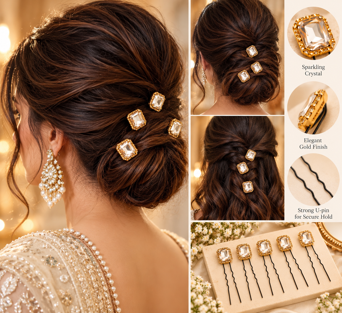 Sheesh Mahal Crystal Pins – Set of 5 | Gold Teardrop Crystal U-Pins