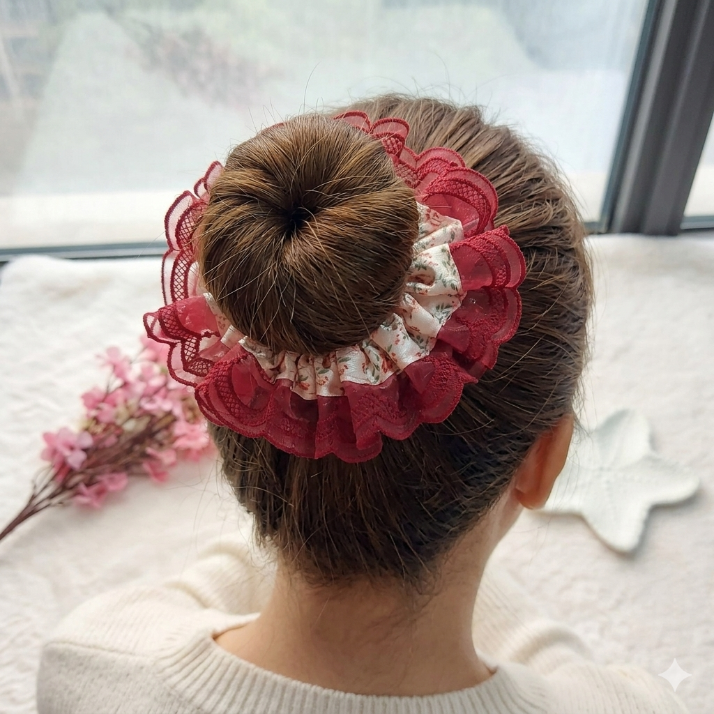Scarlet Blossom Scrunchie – Satin Scrunchie with Lace Detailing (Medium Size)