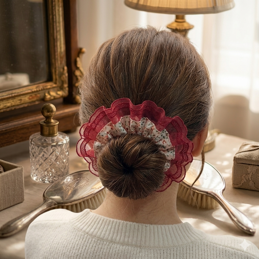 Scarlet Blossom Scrunchie – Satin Scrunchie with Lace Detailing (Medium Size)