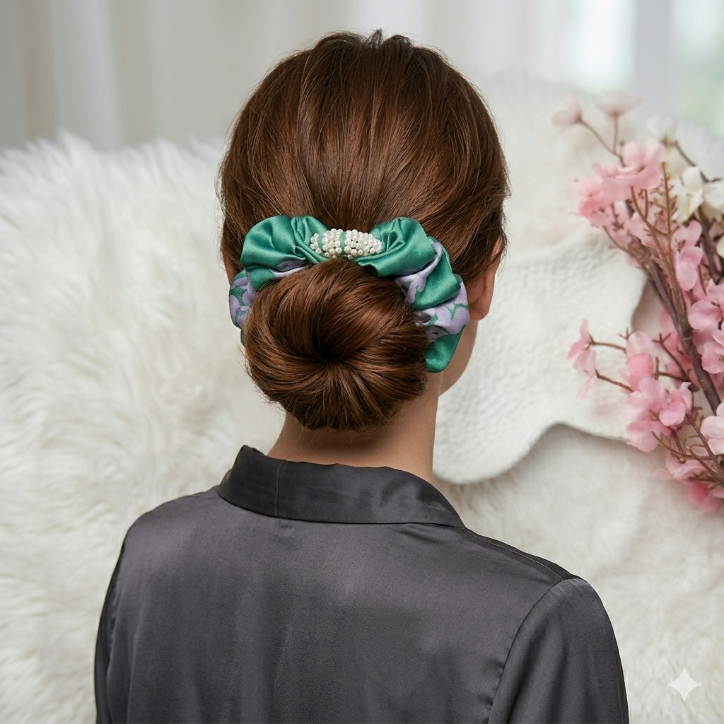 Emerald Pearl Scrunchie – Medium Handmade Satin Scrunchie with Pearl Detailing ✨