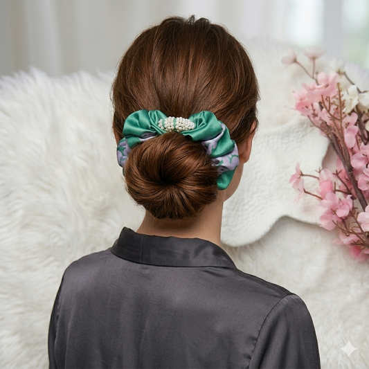 Emerald Pearl Scrunchie – Medium Handmade Satin Scrunchie with Pearl Detailing ✨