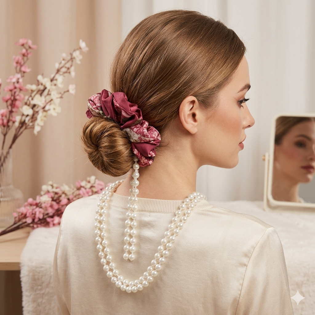 Rosé Pearl Bloom Scrunchie – Medium Fluff Handmade Floral Satin Scrunchie with Pearl Detailing ✨