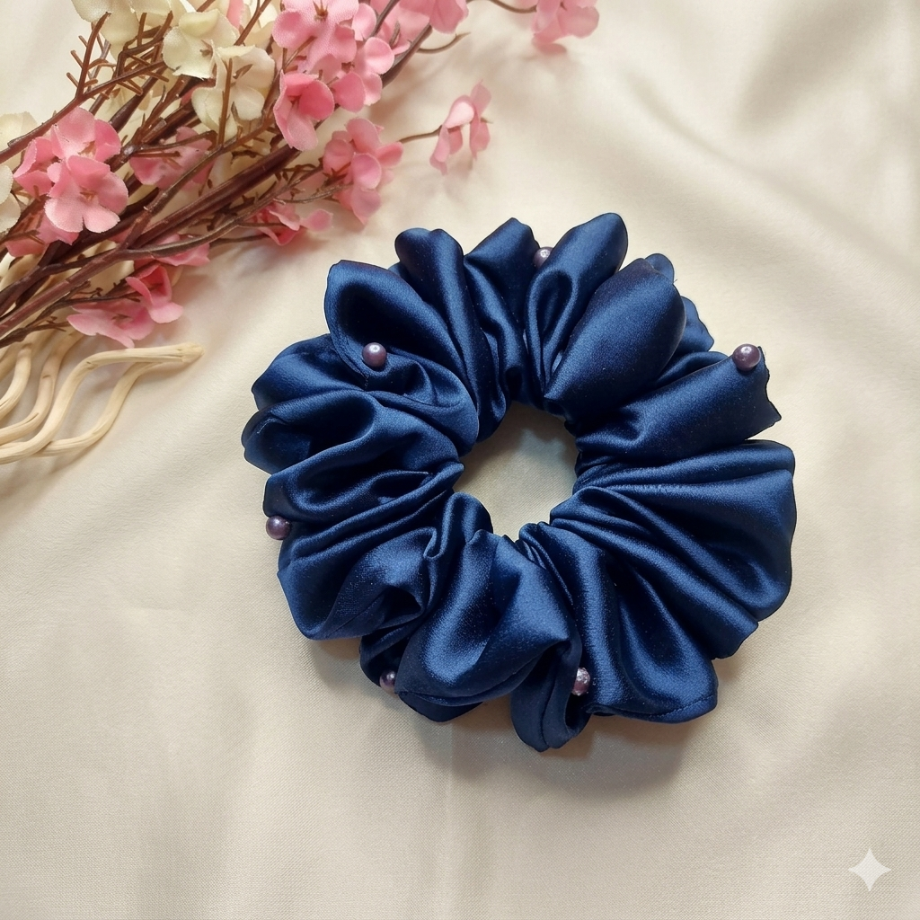 Moonlit Navy Scrunchie – XL Handmade Satin Scrunchie with Pearl Detailing ✨