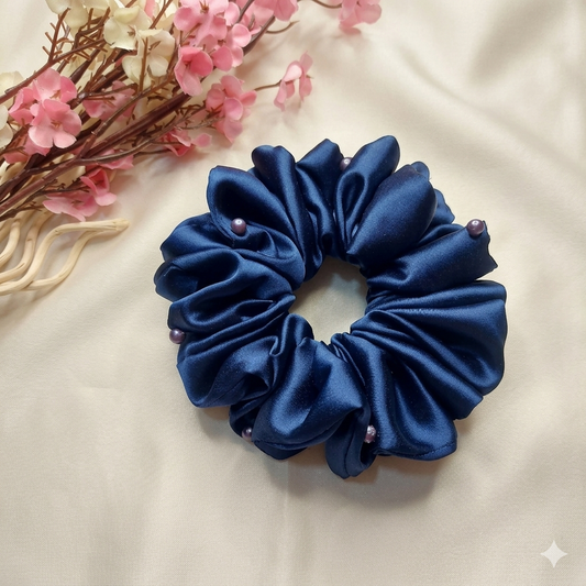Moonlit Navy Scrunchie – XL Handmade Satin Scrunchie with Pearl Detailing ✨