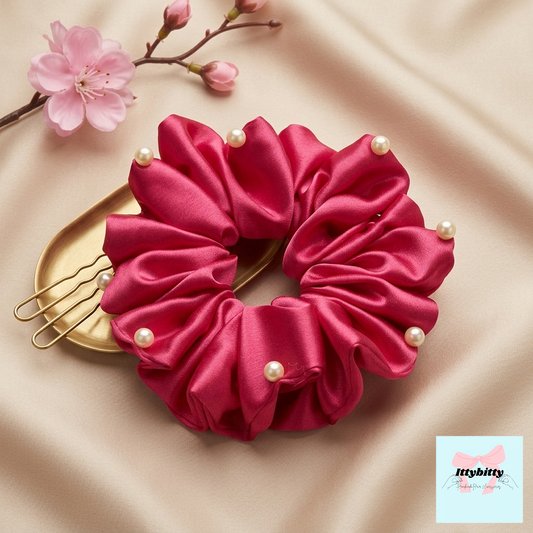 Crimson Luxe Scrunchie – XL sized Handmade Satin Scrunchie with Pearl Detailing