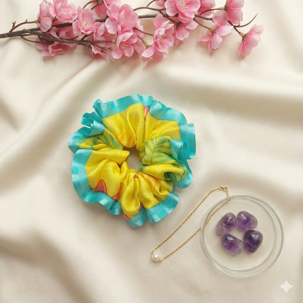 Sunshine Bloom Scrunchie – Medium sized Handmade Satin Ribbon Scrunchie ✨