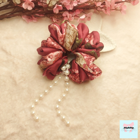 Rosé Pearl Bloom Scrunchie – Medium Fluff Handmade Floral Satin Scrunchie with Pearl Detailing ✨