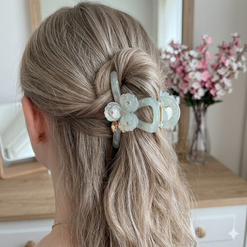 Flower Crystal Studded T shape statement Hair Claw (7CM)