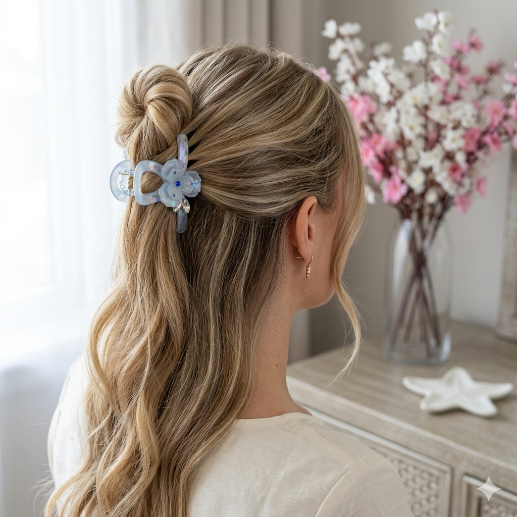 Flower Crystal Studded T shape statement Hair Claw (7CM)
