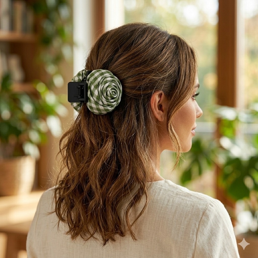 Vintage Gingham Rose Claw – Handmade Fabric Flower | 5.5CM