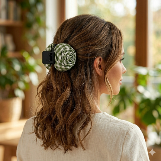 Vintage Gingham Rose Claw – Handmade Fabric Flower | 5.5CM