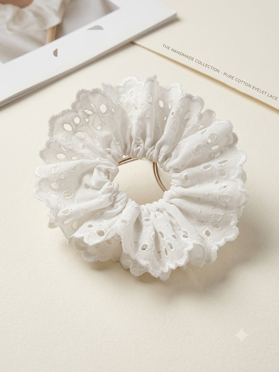 Handcrafted White Eyelet Lace Scrunchie – Pure Cotton Ruffled Hair Accessory