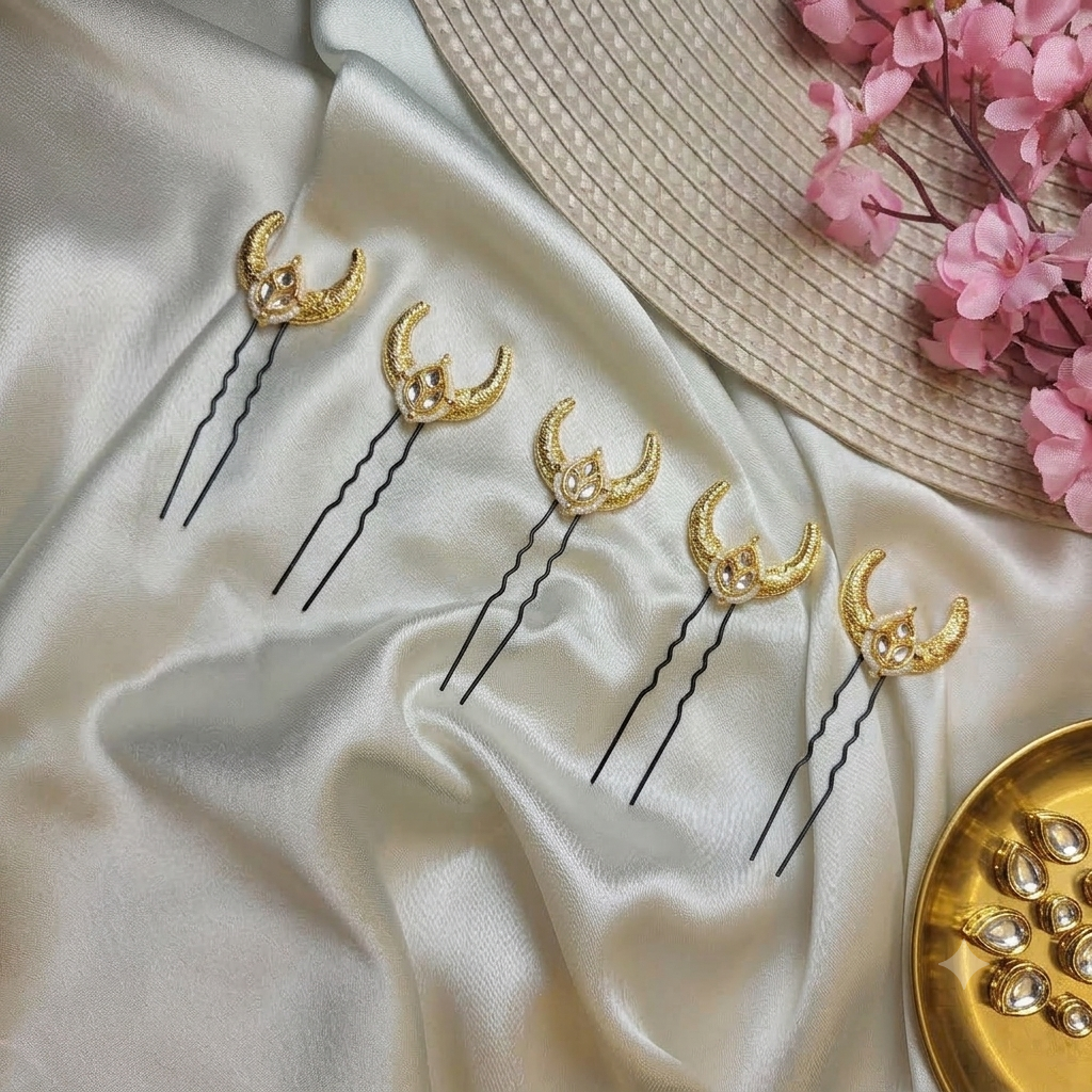 Noor-e-Chand Handmade Hair Pins – Set of 5 | Gold Festive Hair Accessories