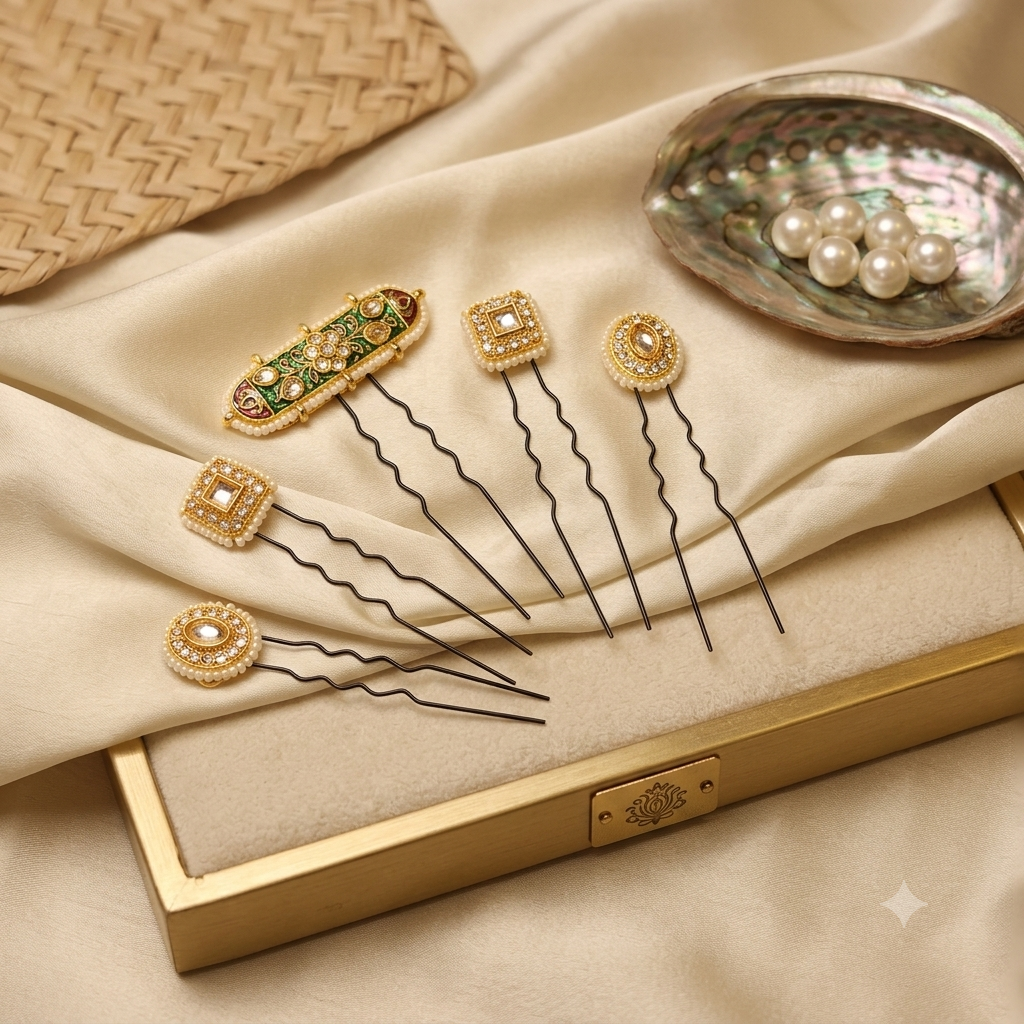 Mehfil-e-Noor Pearl Hair Pins – Set of 5 | Handmade Festive Hairpins