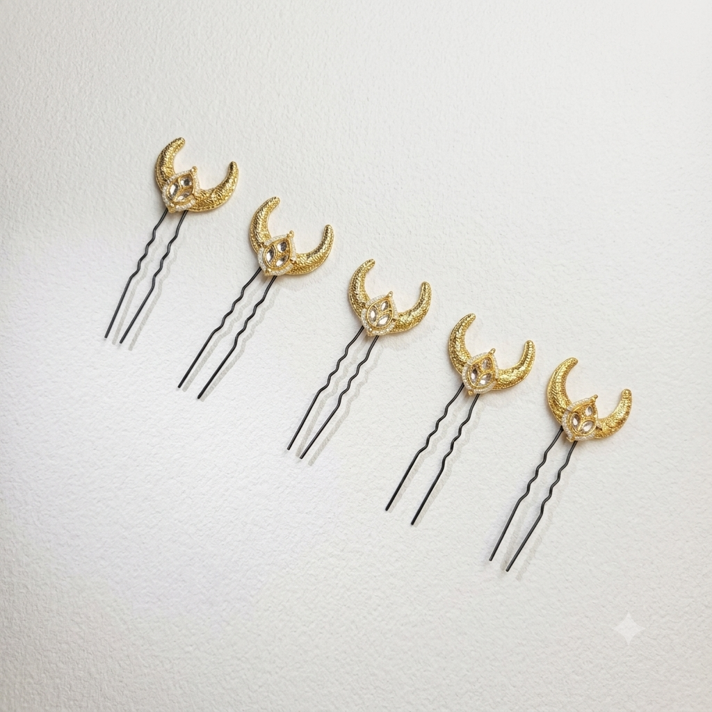 Noor-e-Chand Handmade Hair Pins – Set of 5 | Gold Festive Hair Accessories