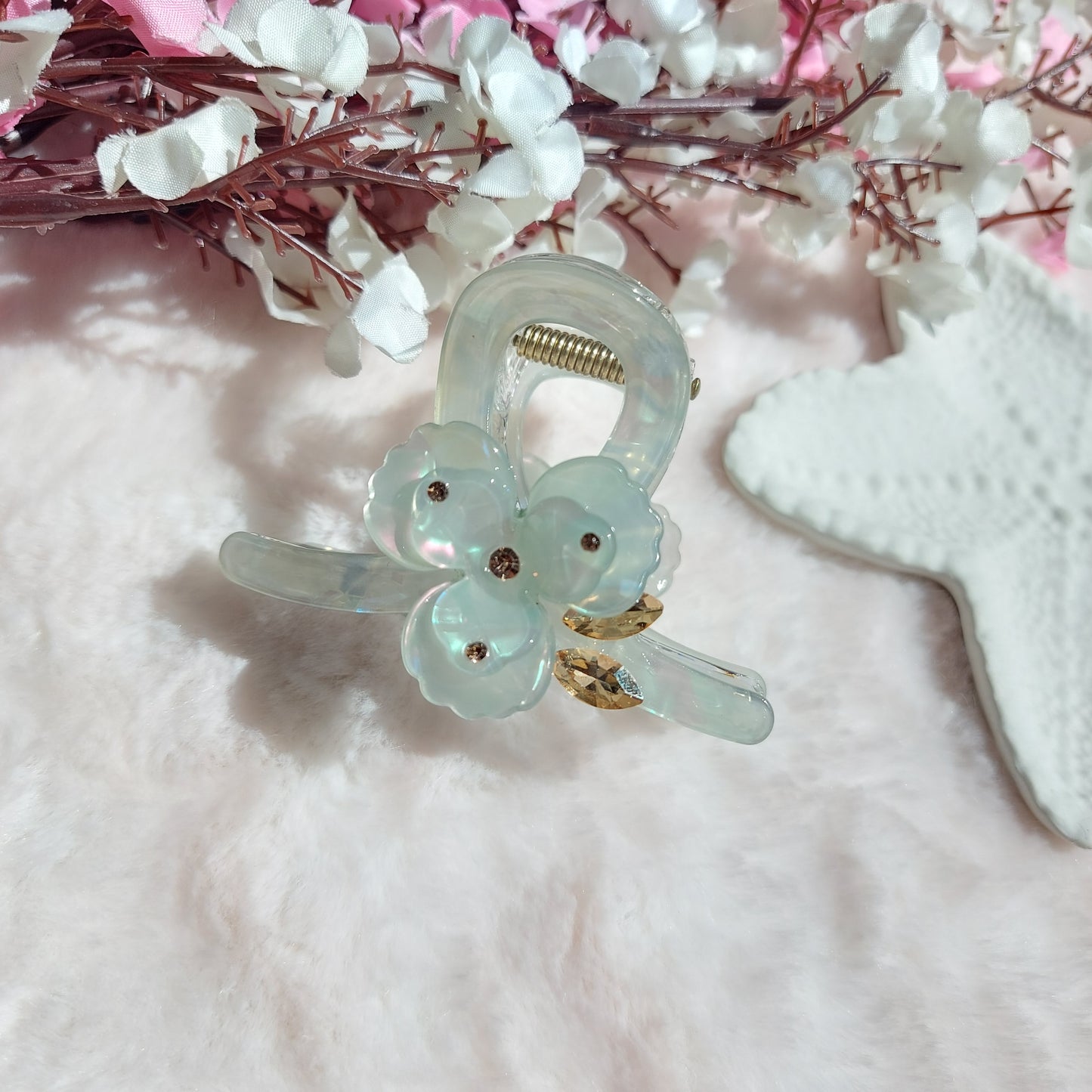 Flower Crystal Studded T shape statement Hair Claw (7CM)