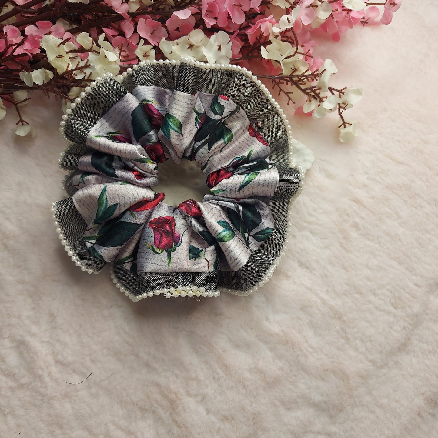 Rose Affair Scrunchie – Satin Floral Scrunchie with Pearl Lace Detailing (Medium Size)