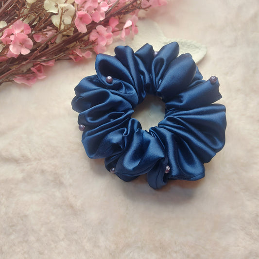 Moonlit Navy Scrunchie – XL Handmade Satin Scrunchie with Pearl Detailing ✨