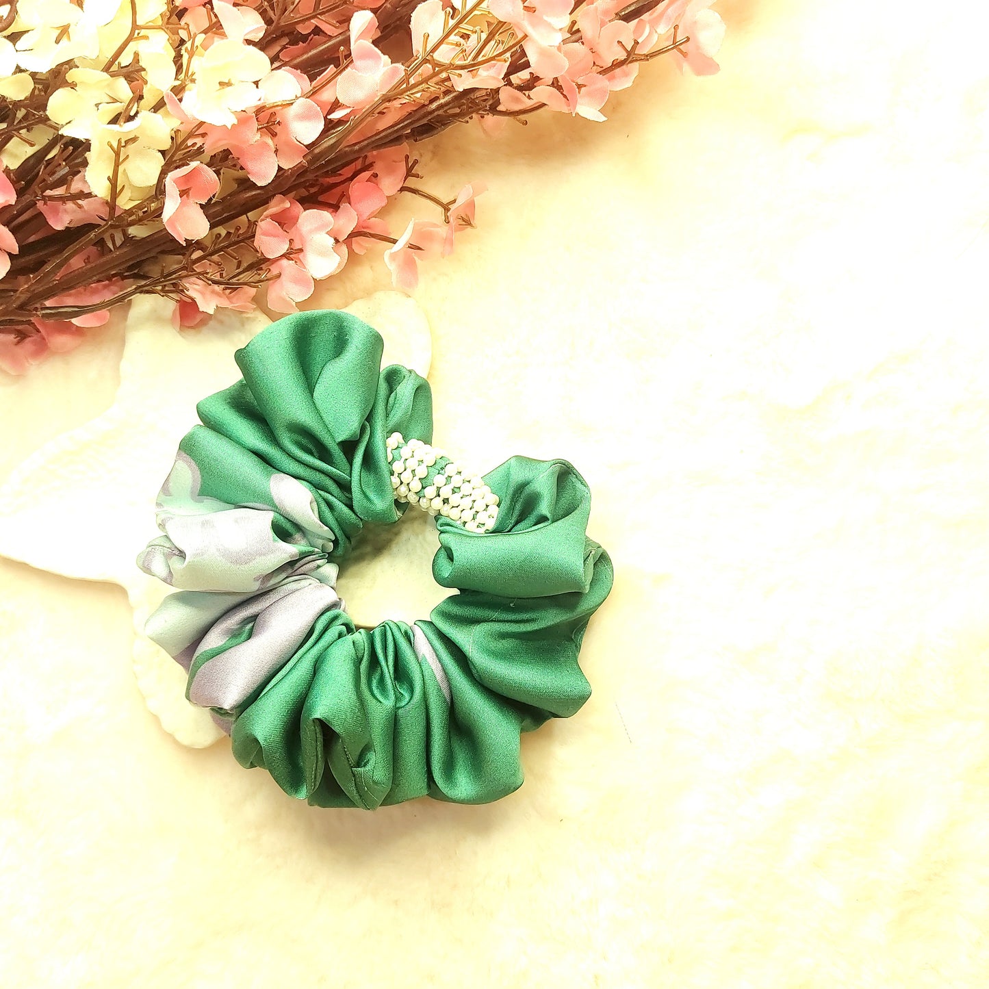 Emerald Pearl Scrunchie – Medium Handmade Satin Scrunchie with Pearl Detailing ✨