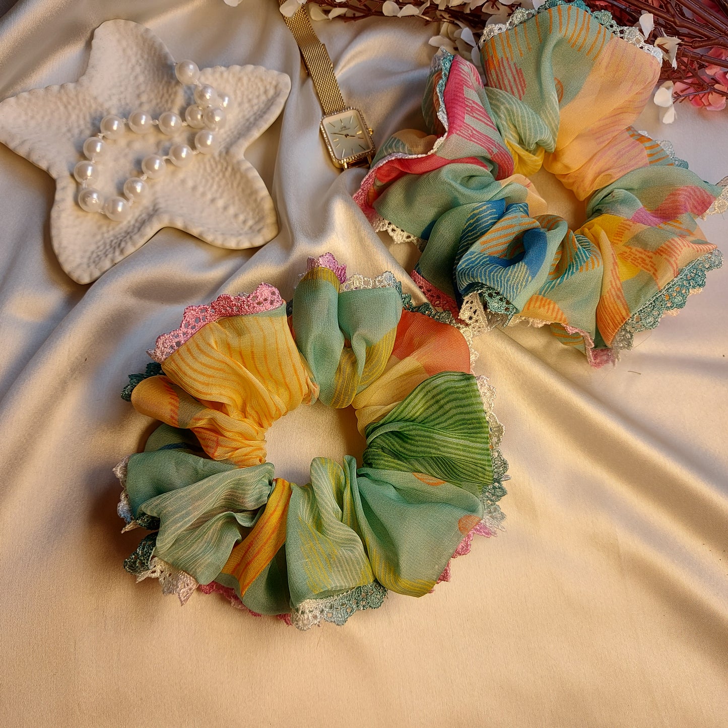 Mint cloud Organza Lace Scrunchie | Handmade Elegant Hair scrunchie