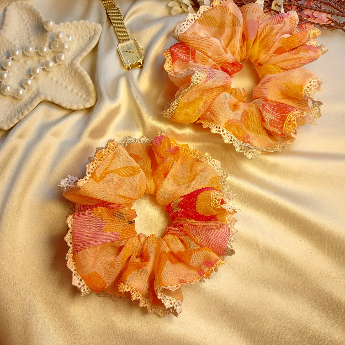 Blush Peach Organza Lace Scrunchie | Handmade Soft Lace Hair Scrunchie