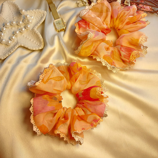 Blush Peach Organza Lace Scrunchie | Handmade Soft Lace Hair Scrunchie