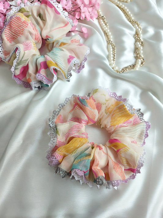 Marshmallow Milk Organza Lace Scrunchie | Handmade Elegant Hair Accessory
