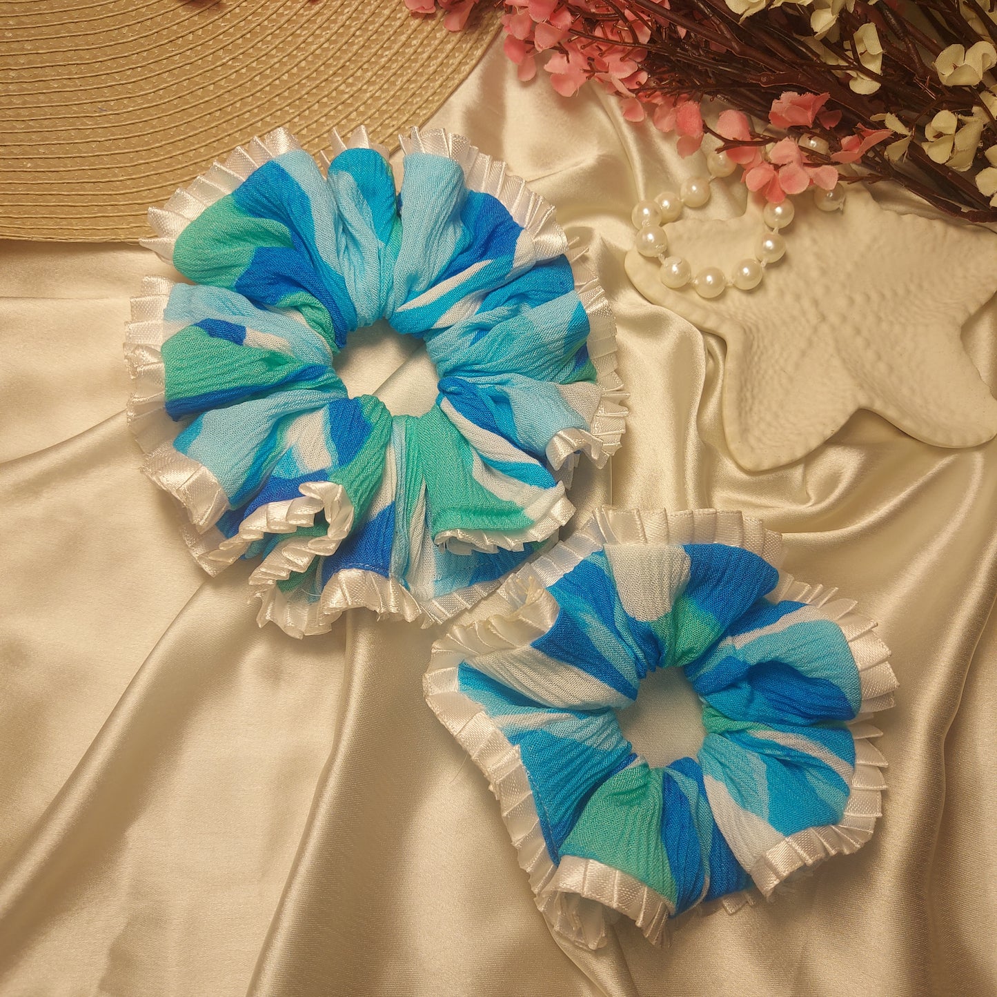 Ocean Breeze Blue & Turquoise Ruffle Scrunchie | Handmade Chiffon Hair Accessory