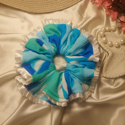 Ocean Breeze Blue & Turquoise Ruffle Scrunchie | Handmade Chiffon Hair Accessory