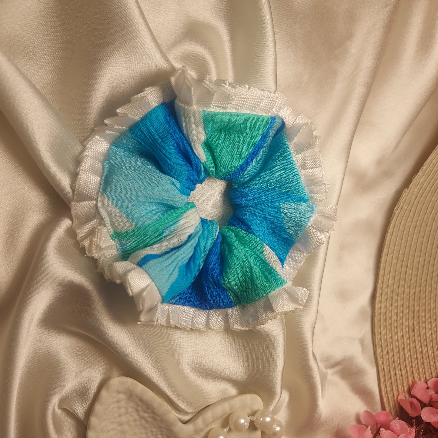 Ocean Breeze Blue & Turquoise Ruffle Scrunchie | Handmade Chiffon Hair Accessory