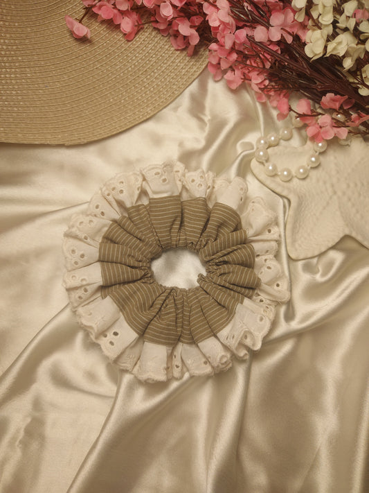 Mocha Lace Ruffle Scrunchie | Handmade Beige & Ivory Hair Accessory - XL FLUFFY