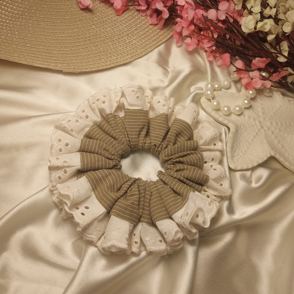 Mocha Lace Ruffle Scrunchie | Handmade Beige & Ivory Hair Accessory - XL FLUFFY