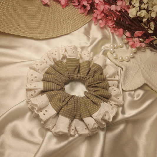 Mocha Lace Ruffle Scrunchie | Handmade Beige & Ivory Hair Accessory - XL FLUFFY