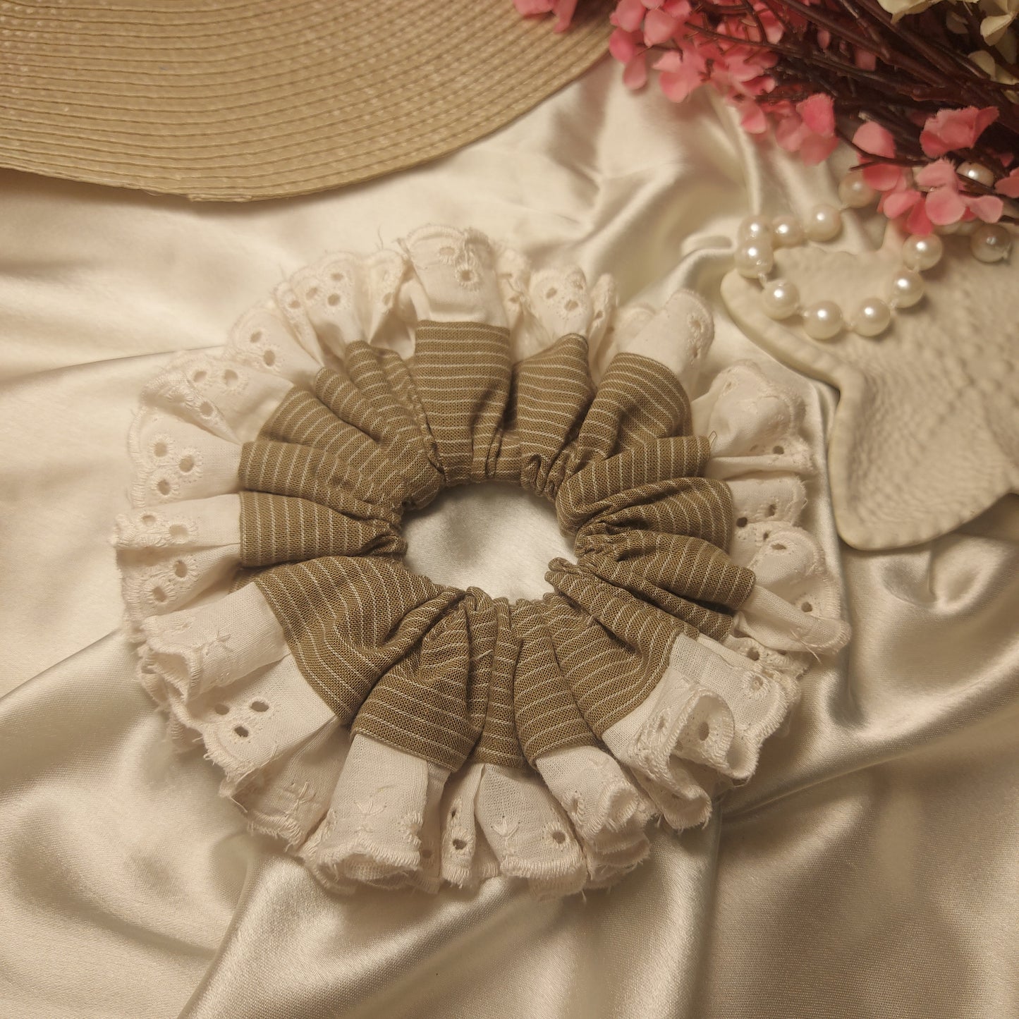 Mocha Lace Ruffle Scrunchie | Handmade Beige & Ivory Hair Accessory - XL FLUFFY